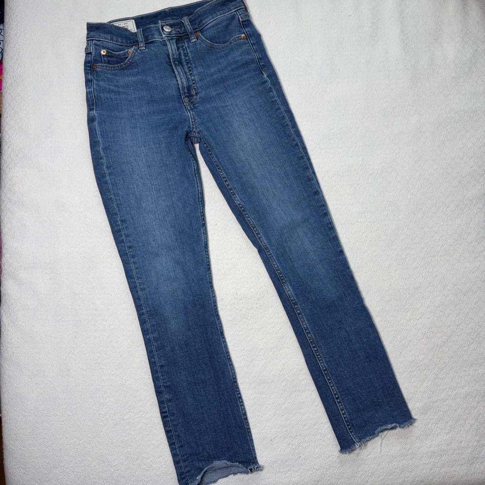 Gap High Rise Cigarette Jeans Medium Wash Raw Hem 24 00R Stretch Denim